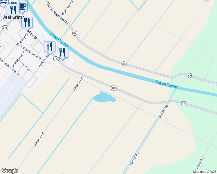 map of restaurants, bars, coffee shops, grocery stores, and more near Route 182 in Jeanerette