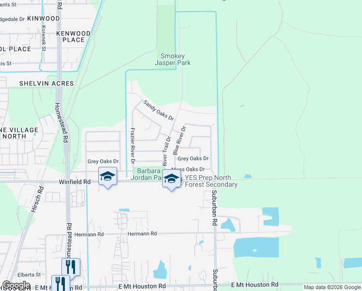 map of restaurants, bars, coffee shops, grocery stores, and more near 12315 Glenn River Drive in Houston