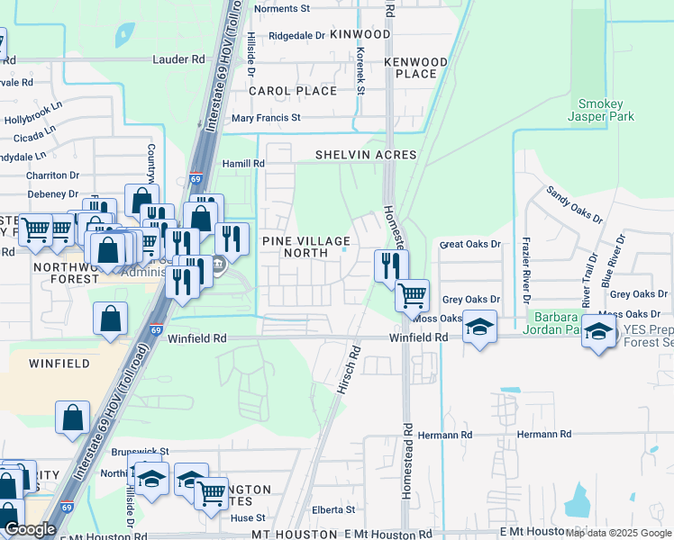 map of restaurants, bars, coffee shops, grocery stores, and more near 12239 Wild Pine Drive in Houston