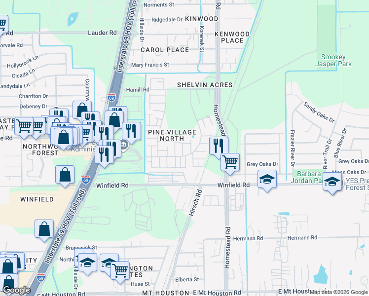 map of restaurants, bars, coffee shops, grocery stores, and more near 12239 Wild Pine Drive in Houston