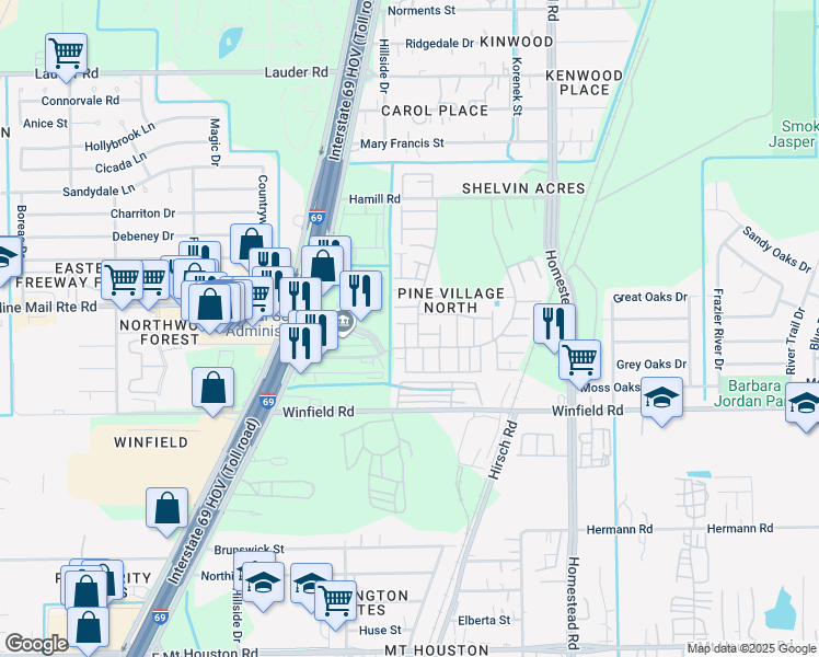 map of restaurants, bars, coffee shops, grocery stores, and more near 12211 West Village Drive in Houston