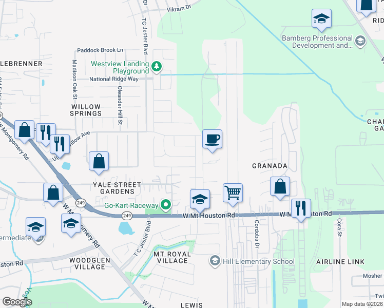 map of restaurants, bars, coffee shops, grocery stores, and more near 2514 Boxwood Park in Houston