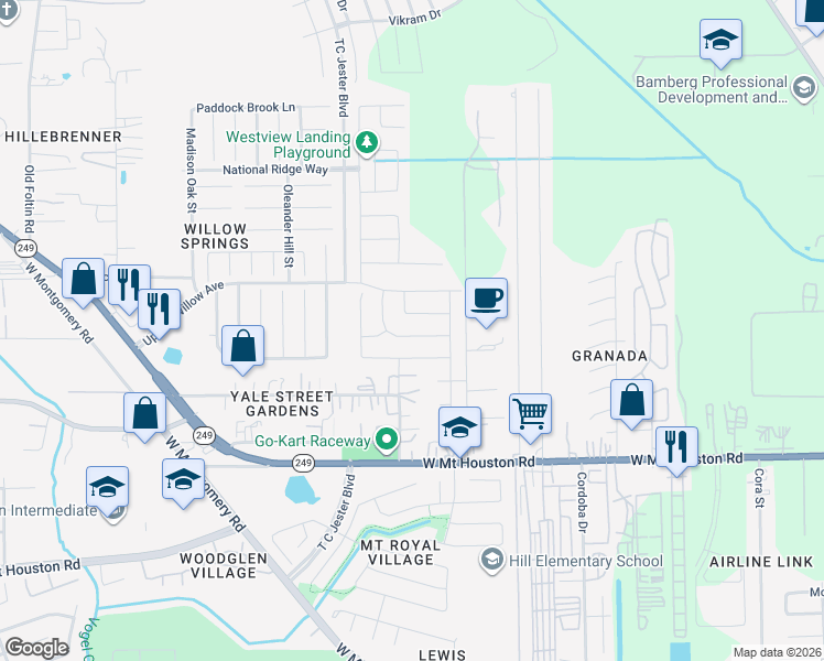 map of restaurants, bars, coffee shops, grocery stores, and more near 2554 Honey Walnut Trail in Houston