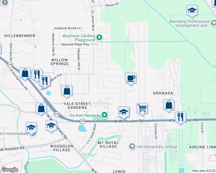 map of restaurants, bars, coffee shops, grocery stores, and more near 2554 Honey Walnut Trail in Houston