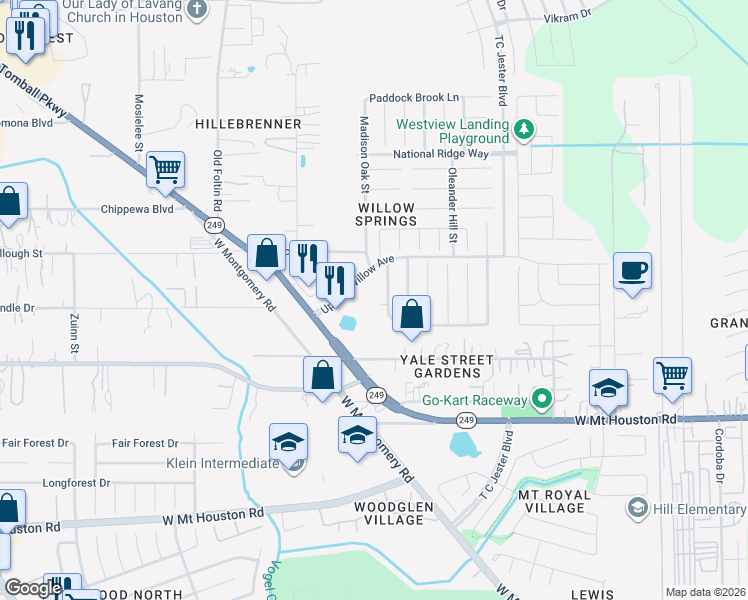 map of restaurants, bars, coffee shops, grocery stores, and more near 11647 Walnut Dale Court in Houston