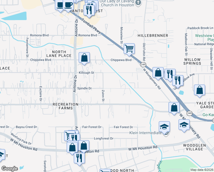 map of restaurants, bars, coffee shops, grocery stores, and more near 5626 Spindle Drive in Houston