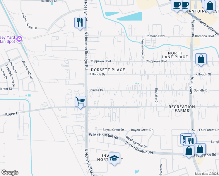 map of restaurants, bars, coffee shops, grocery stores, and more near 7024 Spindle Drive in Houston