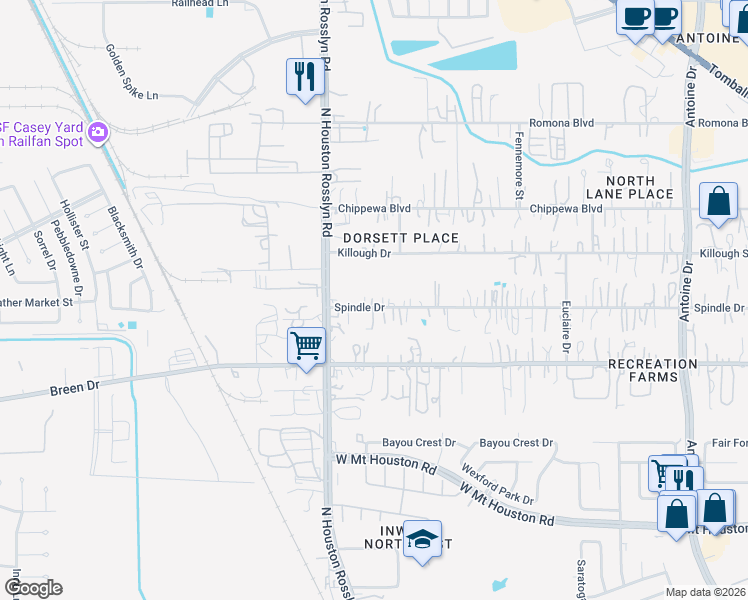 map of restaurants, bars, coffee shops, grocery stores, and more near 7024 Spindle Drive in Houston
