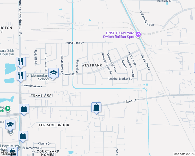 map of restaurants, bars, coffee shops, grocery stores, and more near 8330 Lamppost Lane in Houston