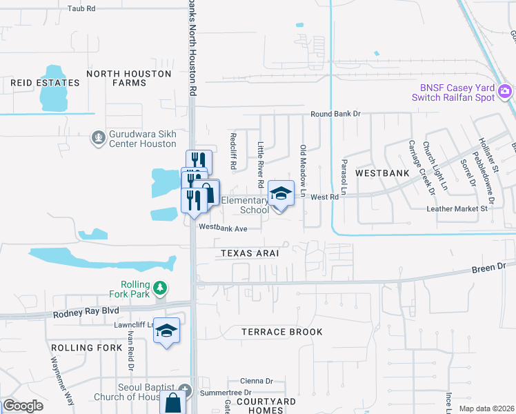 map of restaurants, bars, coffee shops, grocery stores, and more near 8402 Rivercross Road in Houston