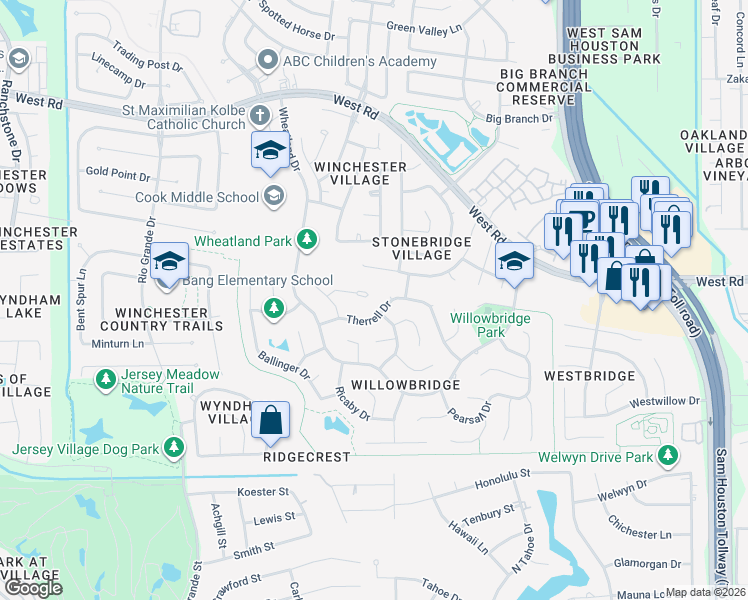 map of restaurants, bars, coffee shops, grocery stores, and more near 9914 Aldwell Court in Houston