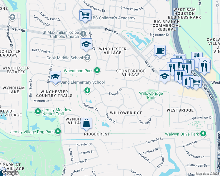 map of restaurants, bars, coffee shops, grocery stores, and more near 9914 Aldwell Court in Houston