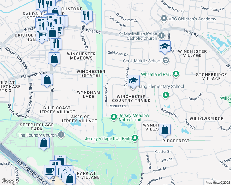 map of restaurants, bars, coffee shops, grocery stores, and more near 8930 Red Cloud Road in Houston
