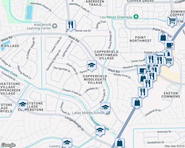 map of restaurants, bars, coffee shops, grocery stores, and more near 8425 Pine Falls Drive in Houston