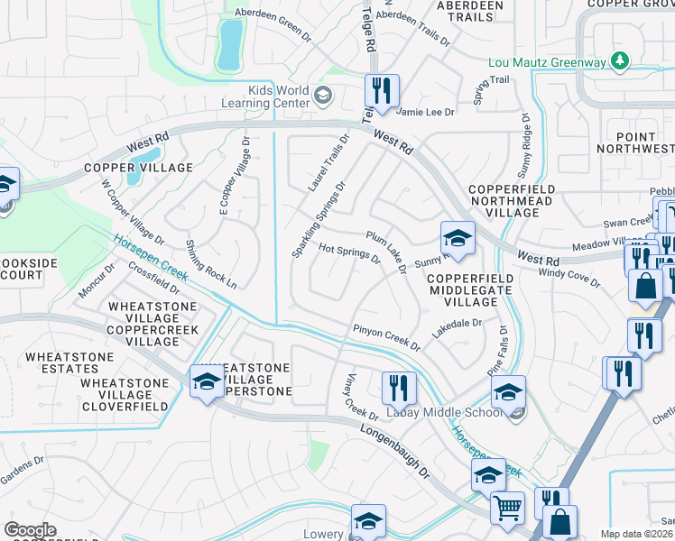 map of restaurants, bars, coffee shops, grocery stores, and more near 8330 Lime Springs Drive in Houston