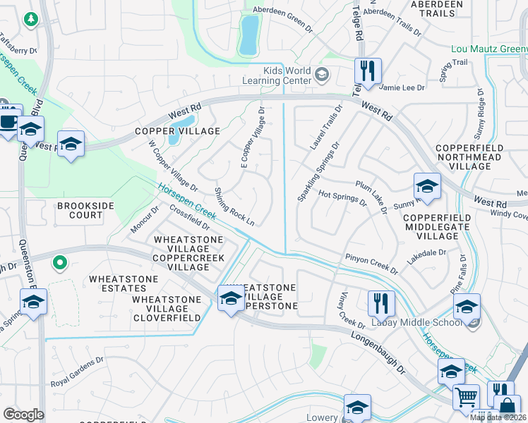 map of restaurants, bars, coffee shops, grocery stores, and more near 16202-16216 Broken Timber Circle in Houston