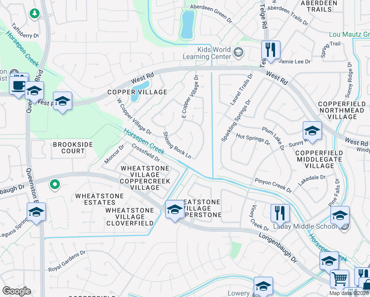 map of restaurants, bars, coffee shops, grocery stores, and more near 16307 Candlerock Court in Houston