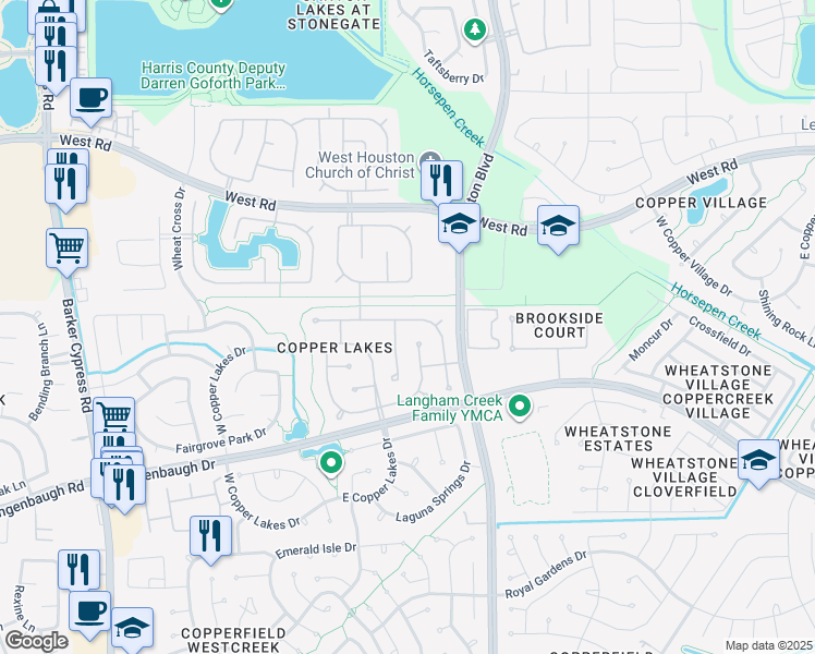 map of restaurants, bars, coffee shops, grocery stores, and more near 16934 Sandestine Drive in Houston
