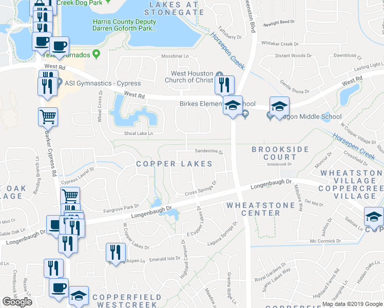 map of restaurants, bars, coffee shops, grocery stores, and more near 17026 Sandestine Drive in Houston