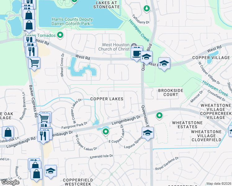 map of restaurants, bars, coffee shops, grocery stores, and more near 17026 Sandestine Drive in Houston