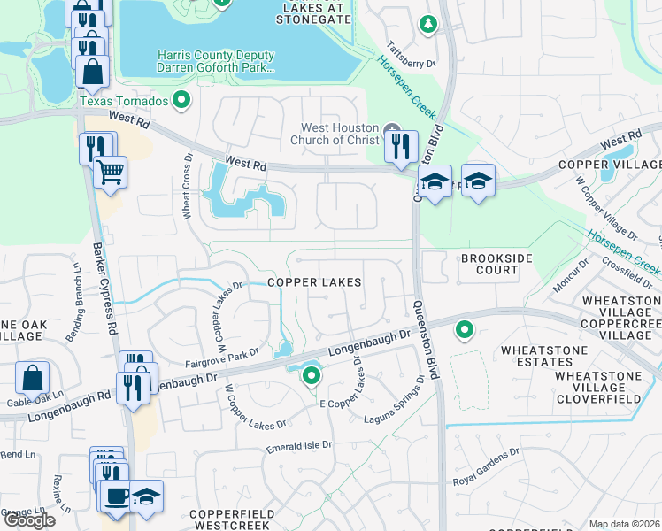 map of restaurants, bars, coffee shops, grocery stores, and more near 17202 Sandestine Drive in Houston