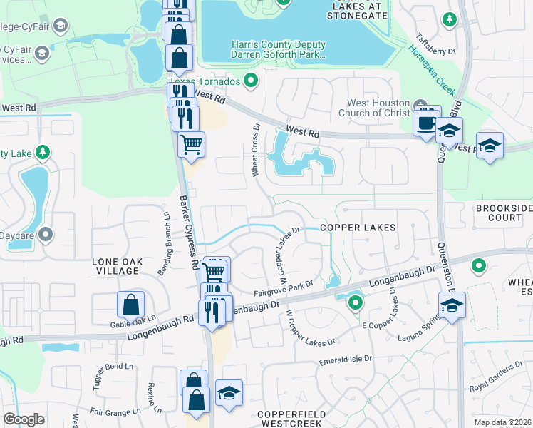 map of restaurants, bars, coffee shops, grocery stores, and more near 8518 Shallowlake Court in Houston
