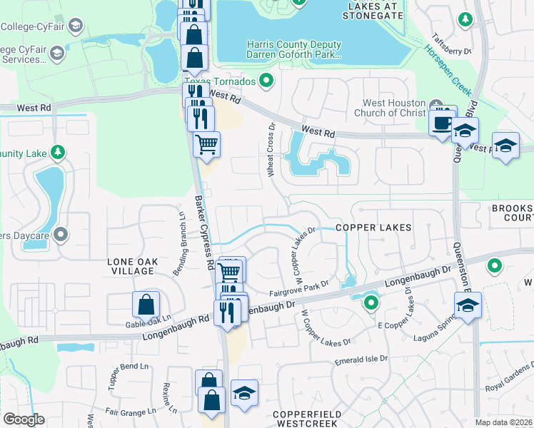 map of restaurants, bars, coffee shops, grocery stores, and more near 8518 Shallowlake Court in Houston