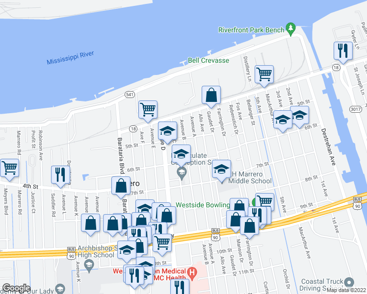 map of restaurants, bars, coffee shops, grocery stores, and more near 530 Avenue B in Marrero