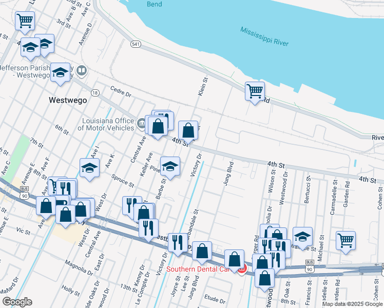 map of restaurants, bars, coffee shops, grocery stores, and more near 523 Homewood Place in Westwego