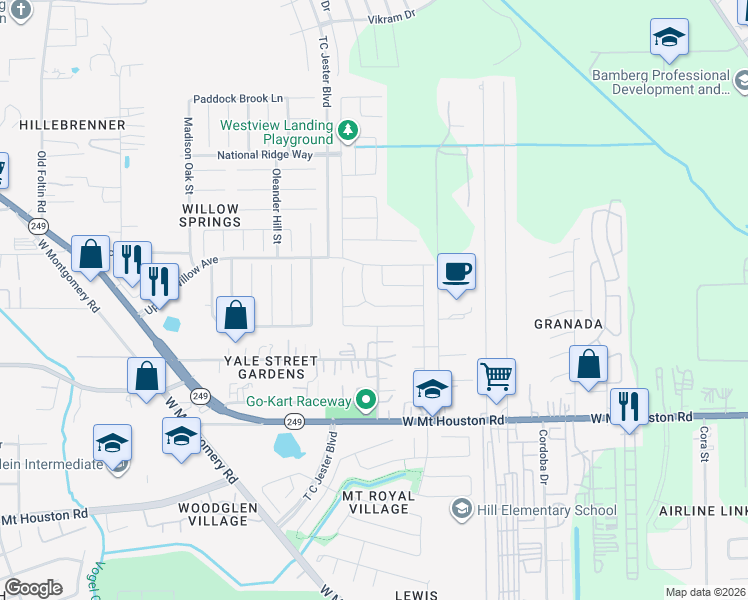 map of restaurants, bars, coffee shops, grocery stores, and more near 2554 Honey Walnut Trail in Houston