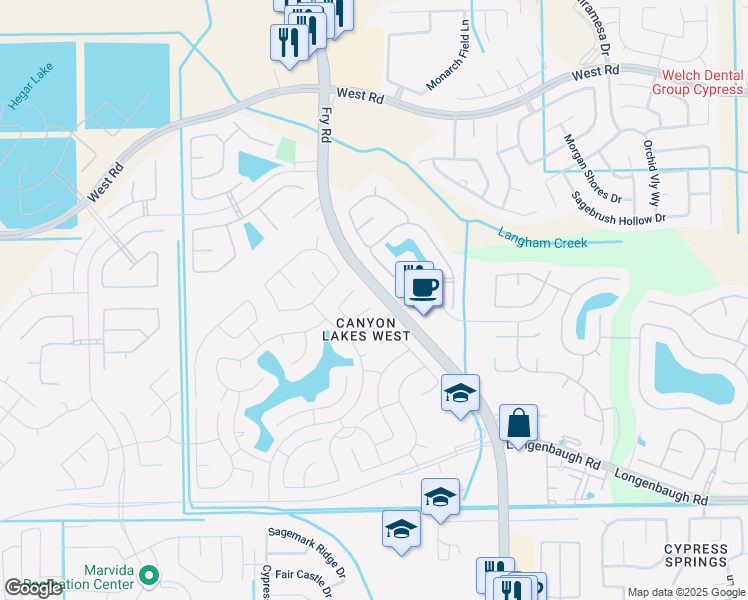 map of restaurants, bars, coffee shops, grocery stores, and more near 20502 Shadow Grange Court in Cypress