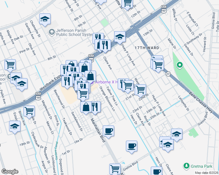 map of restaurants, bars, coffee shops, grocery stores, and more near 1045 Tallow Tree Lane in Harvey