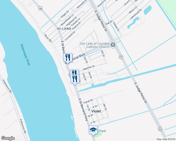 map of restaurants, bars, coffee shops, grocery stores, and more near 2213 Repose Street in Violet