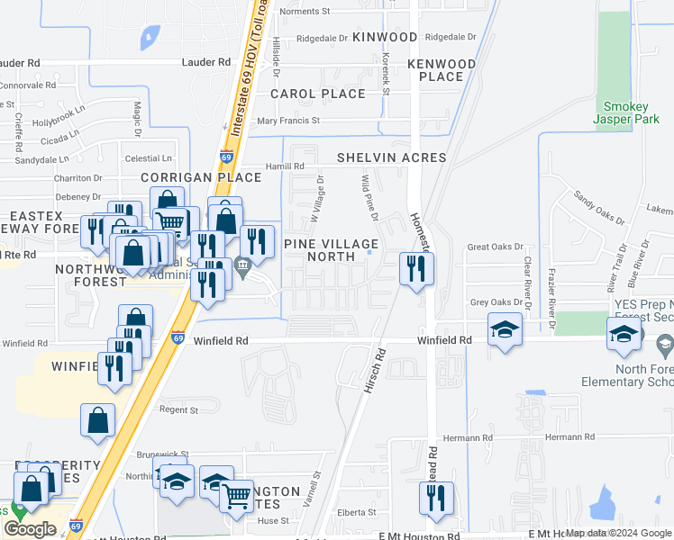map of restaurants, bars, coffee shops, grocery stores, and more near 12207 Wild Pine Drive in Houston