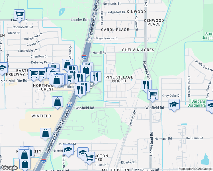 map of restaurants, bars, coffee shops, grocery stores, and more near 12211 West Village Drive in Houston