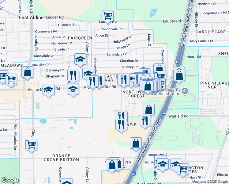 map of restaurants, bars, coffee shops, grocery stores, and more near 4750 Aldine Mail Route Road in Houston