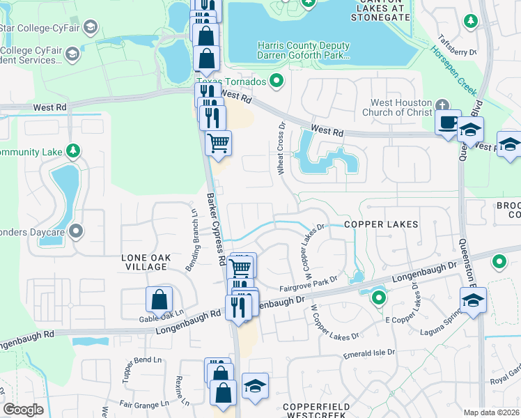 map of restaurants, bars, coffee shops, grocery stores, and more near 8526 Owen Lake Court in Houston