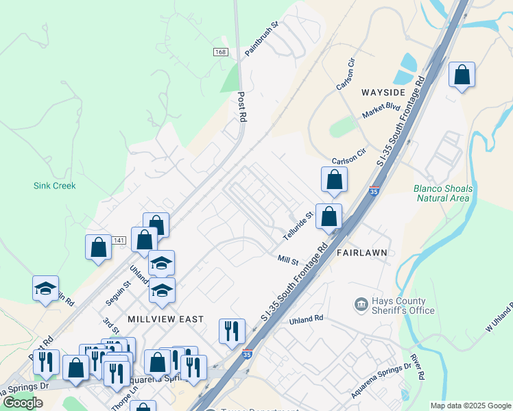 map of restaurants, bars, coffee shops, grocery stores, and more near 1701 Mill Street in San Marcos