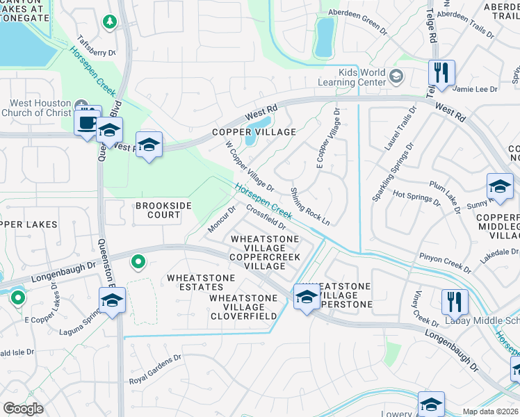 map of restaurants, bars, coffee shops, grocery stores, and more near 16514 Crossfield Drive in Houston
