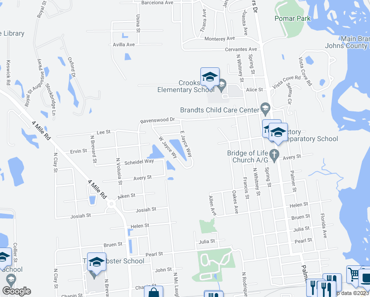 map of restaurants, bars, coffee shops, grocery stores, and more near 151 East Jayce Way in St. Augustine