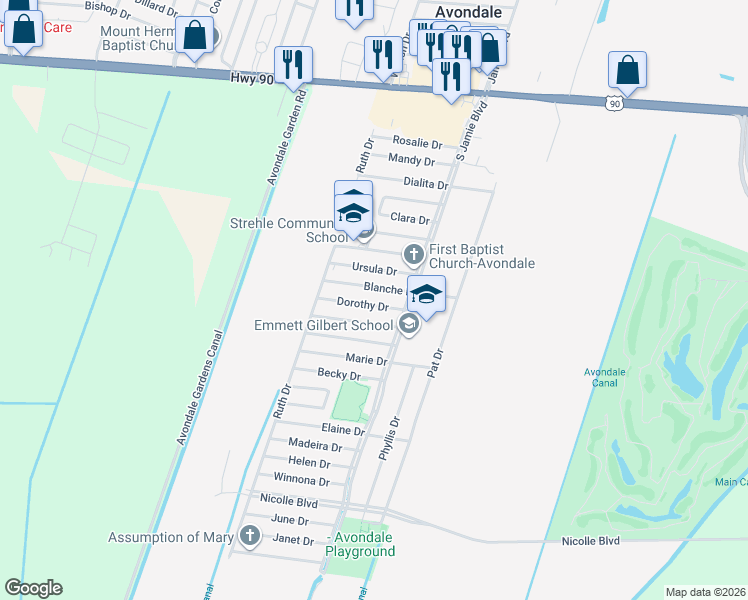 map of restaurants, bars, coffee shops, grocery stores, and more near 113 Blanche Drive in Avondale
