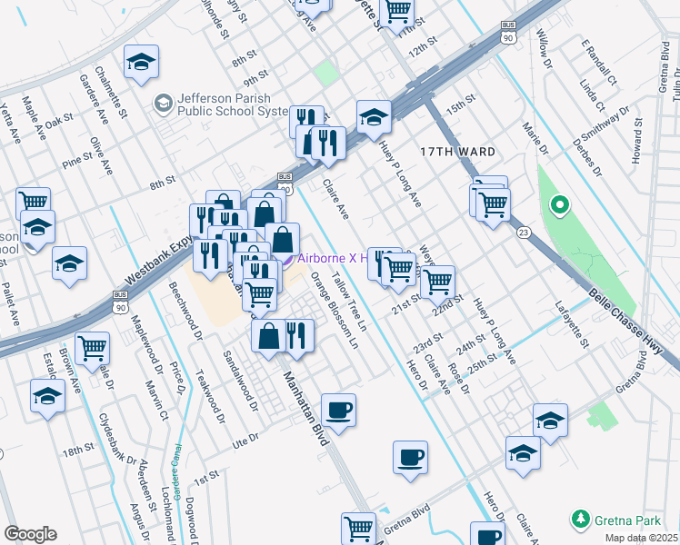 map of restaurants, bars, coffee shops, grocery stores, and more near 1045 Tallow Tree Lane in Harvey
