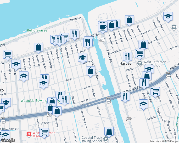 map of restaurants, bars, coffee shops, grocery stores, and more near 635 1st Avenue in Harvey