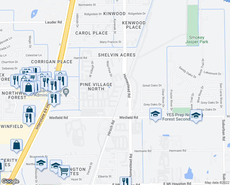map of restaurants, bars, coffee shops, grocery stores, and more near 5822 Twisted Pine Court in Houston