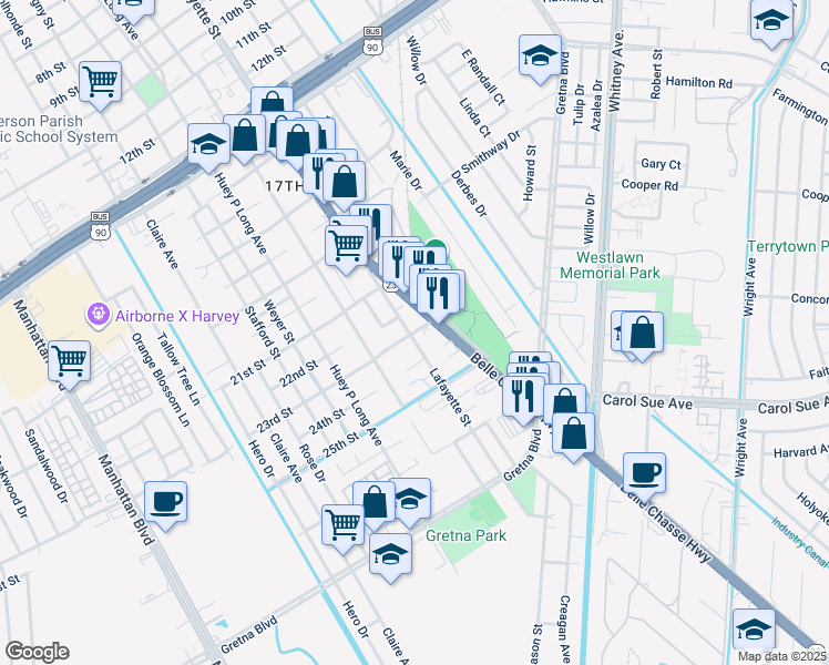 map of restaurants, bars, coffee shops, grocery stores, and more near 2208 Lafayette Street in Gretna
