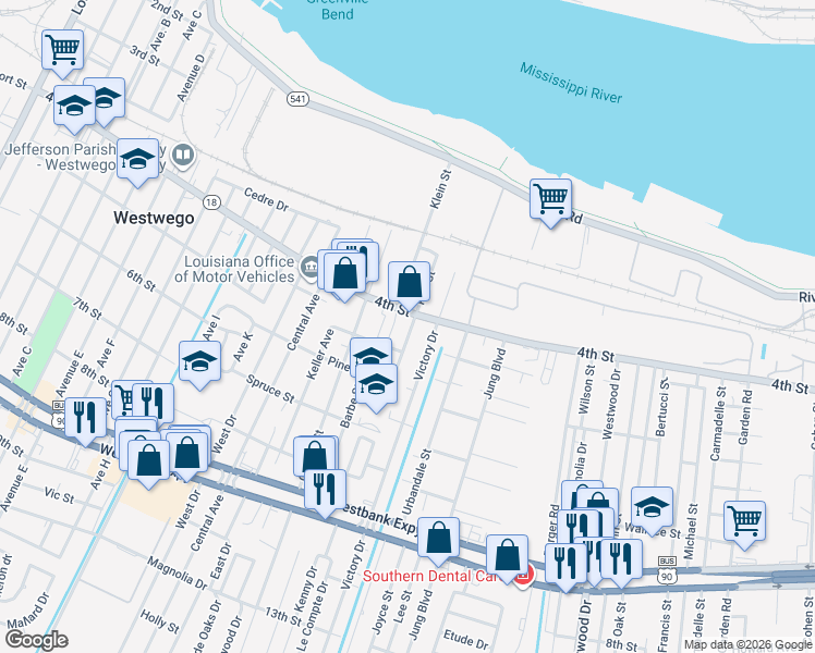 map of restaurants, bars, coffee shops, grocery stores, and more near 523 Homewood Place in Westwego