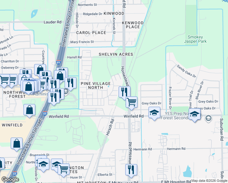 map of restaurants, bars, coffee shops, grocery stores, and more near 12258 Wild Pine Drive in Houston