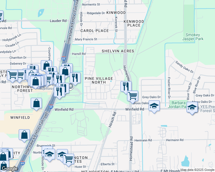 map of restaurants, bars, coffee shops, grocery stores, and more near 12239 Wild Pine Drive in Houston