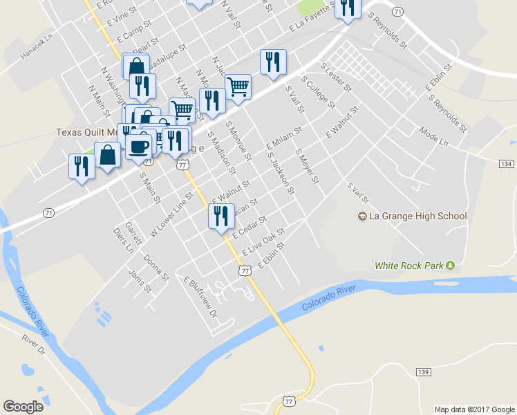 map of restaurants, bars, coffee shops, grocery stores, and more near 623 South Madison Street in La Grange