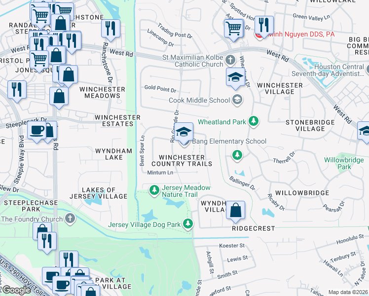 map of restaurants, bars, coffee shops, grocery stores, and more near 8900 Rio Grande Drive in Houston